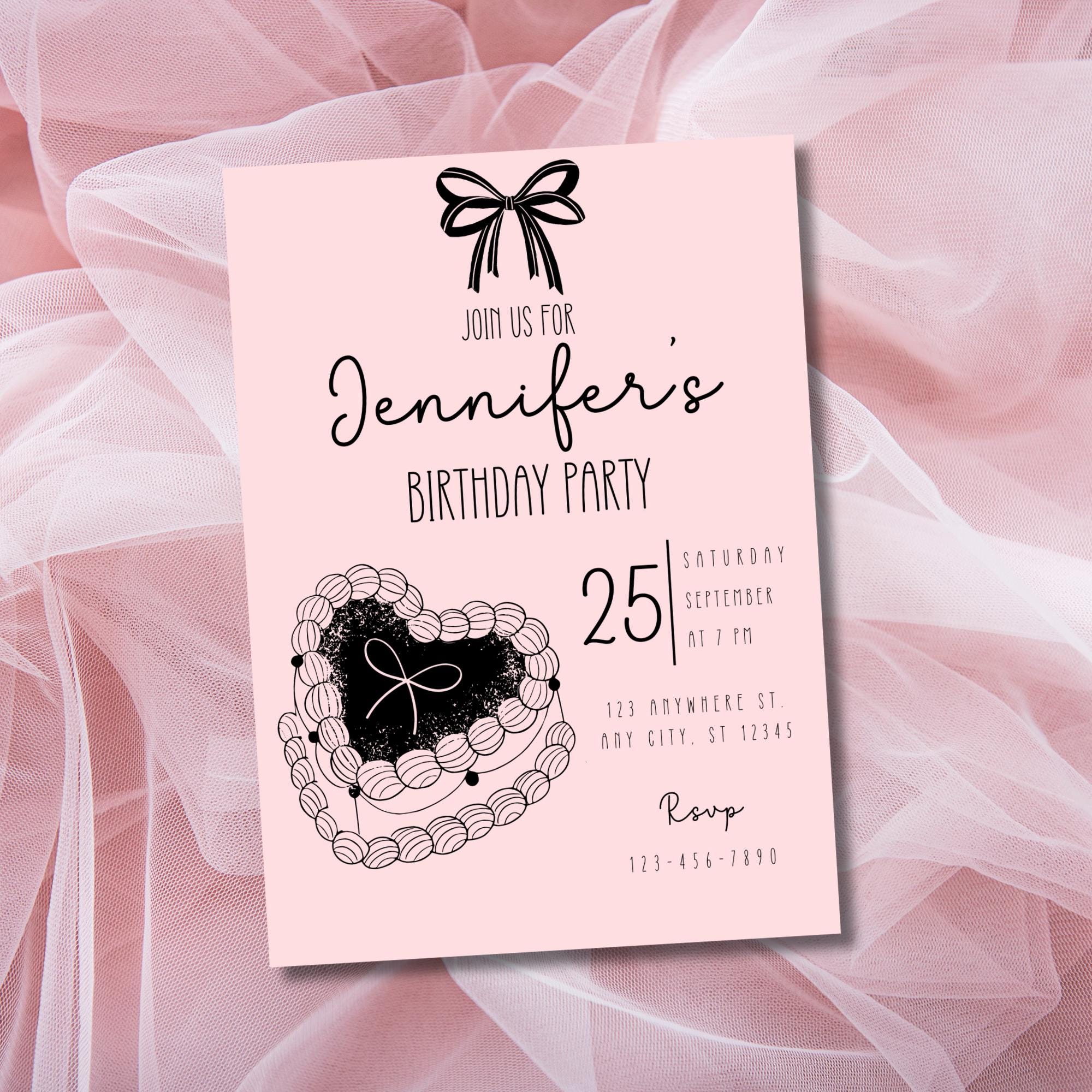 Black Bow Vintage Cake Birthday Invitation, Coquette Birthday, Heart Shaped Cake Invite