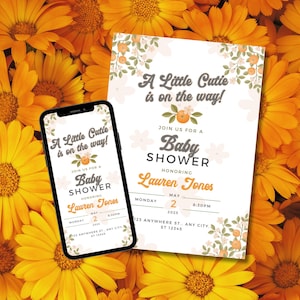 Little Cutie Orange Blossom Baby Shower Invite, Cutie On The Way, Mandarin Party, Editable Template, Tangerine Baby Shower, Clementine Baby