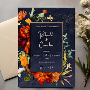 Faire-part de mariage rouille et indigo, floral orange, ensemble d'invitations de mariage bricolage, mariage moderne, orange et bleu, suite d'invitations de mariage d'automne