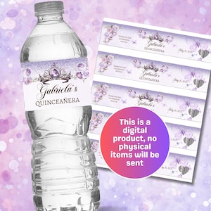 Lila Rose Quinceanera Wasserflaschenetikett, benutzerdefinierte Wasserflaschenverpackung, personalisiertes Partybevorzugung, jedes Ereignis