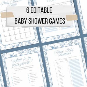 Blauwe Toile-babyshowergames, stoffige blauwe babyshowergames, bewerkbare games, downloadbare games, printables babyshower
