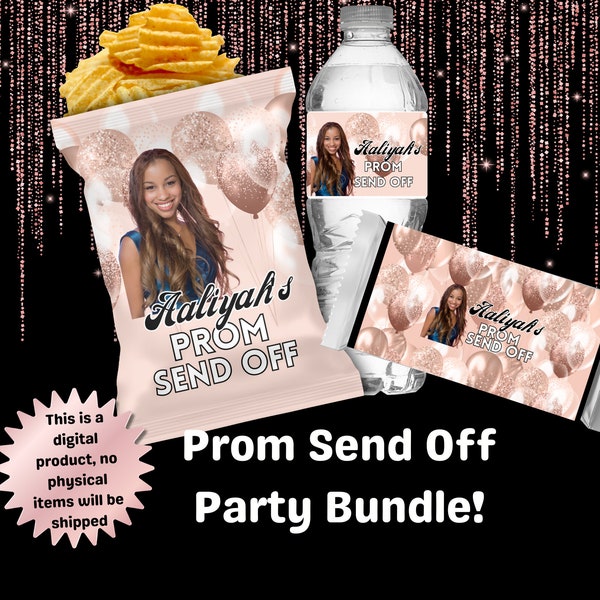 Rose Gold Prom Send Off Treats, Personalized Party Bundle, Custom Chip Bag, Custom Candy Bar, Custom Water Label, Prom 2024, Graduation