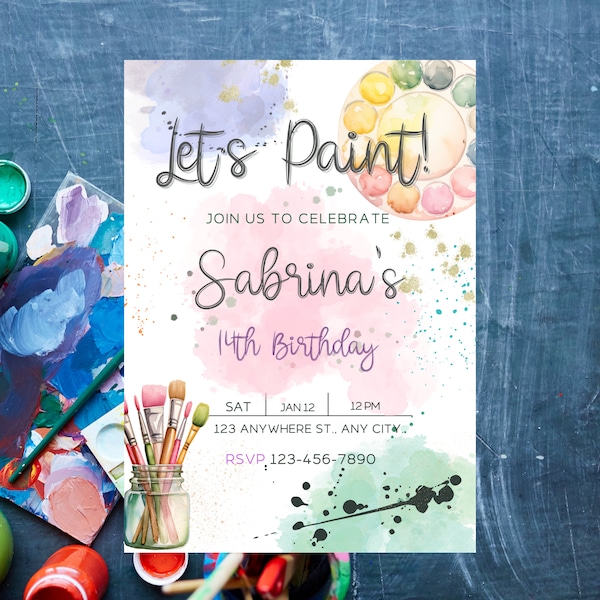 Paint Birthday Party Invite, Art Birthday, Girl Paint Party, Virtual Art Party, Digital Invite, Editable Template, Ceramics Painting Party