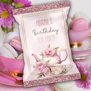 Rosa Teeparty-Chip-Beutel, Geburtstags-Chip-Beutel, Prinzessin Tee, Teeparty für Mädchen, Canva-Vorlage, DIY Partydekor