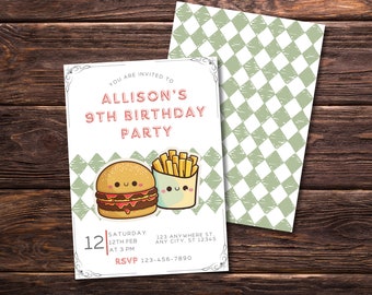 Invito per una festa di compleanno di fast food Kawaii, compleanno con hamburger, compleanno da asporto, hamburger e patatine fritte, festa di compleanno per bambini