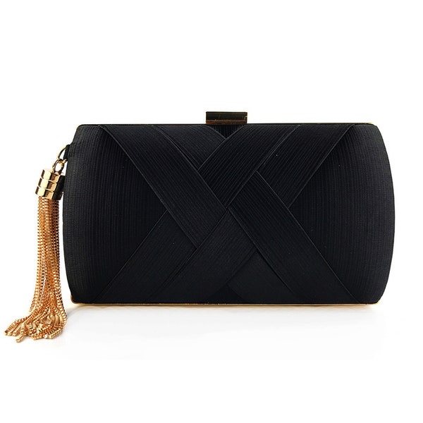 Pochette noire pour cérémonie de mariage, soirée en satin, élégante pampille, pendentif, fête, loisirs, pochette de mariage, sac à main, élégant