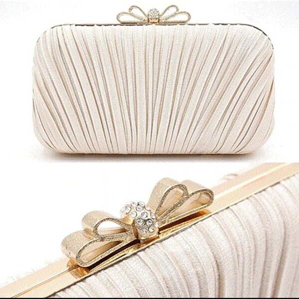 Classic Cream Colour Elegant Pleated Evening Bag, Classic Dinner Clutch Purse, Women's Formal Banquet Handbag