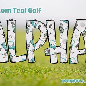 Plik cyfrowy: Teal Ręcznie Rysowane Doodle List Golf Alfa Zestaw Natychmiastowe Pobieranie PNG