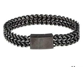 Bracelet Bismarck Acier Homme 12mm avec Fermoir Magnétique, 23cm Bracelet Métal GUNMETAL Acier et Argent925 Bracelet Métallique, Accellele Argent