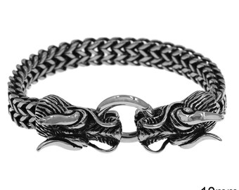 Men's Bismarck Steel Bracelet 10mm with Dragon, 22cm GUNMETAL Steel and silver925 Metal Bracelet Link, Silver Bracele