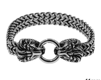 Bracelet Acier Bismarck Homme 11mm avec Lion, 23cm GUNMETAL Acier et argent925 Bracelet Métal Link, Argenté Bracele