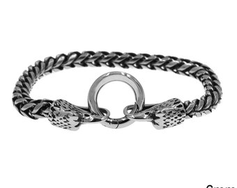 Steel Men's Bracelet Spiga 6mm with Eagle, 21cm GUNMETAL Steel and silver925 Metal Bracelet Link, Silver Bracele