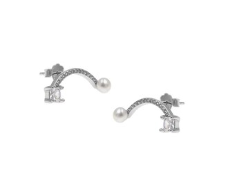Earrings Silver 925 Stud Curved with Zircon and Pearl 20mm Minimalist and Discreetsmall silver earrings, silver studs