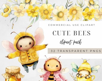 Bee Clipart, Beehive Clipart, Watercolor Bee Clipart, Bee Baby Shower Clipart, Cute Bee Theme Clipart, Baby Honey Bee, Summer Clipart