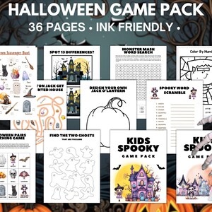 pages from the printable Halloween kids activity book on a Halloween background
