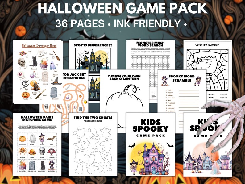 pages from the printable Halloween kids activity book on a Halloween background
