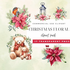 Clipart Floral de Natal, Clipart Evergreen, Aquarela de Guirlanda de Natal, Clipart de Guirlanda de Natal, Clipart de Poinsétia, Natal Clássico
