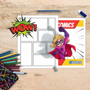 Puede incluir: Una plantilla de cómic en blanco con un bocadillo que dice "WOW!" y una página separada con una superheroína volando y la palabra "COMICS" en la parte superior.