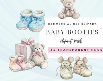 Baby Booties Clipart, Teddy Bear Clipart. Cute Baby Shower Clipart, Baby Shoe Clipart, Watercolor Png, Neutral Baby Clipart