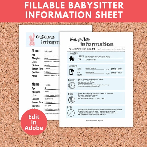 Fillable Babysitter Information Sheet, Printable Babysitter Checklist, Babysitter Notes, Emergency Information Sheet, Instant Download