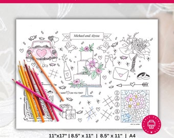 Bewerkbare placemat bruiloft kleuren, bruiloft kleurplaten, bruiloft activiteit bruiloft placemat, bruiloft activiteit placemat kinderactiviteiten tafel