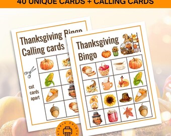 Thanksgiving Bingo For Kids & Adults, 40 Unique Thanksgiving Bingo Cards Printable, Friendsgiving Games, Thanksgiving Game,