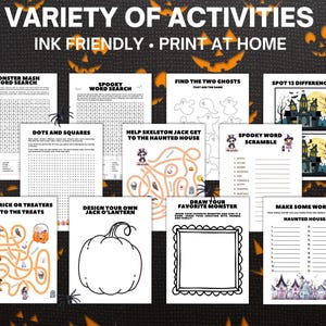 puzzle pages from the printable Halloween kids activity book on a Halloween background