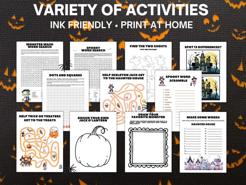 puzzle pages from the printable Halloween kids activity book on a Halloween background