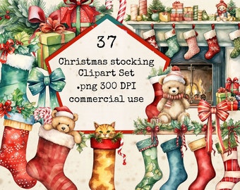 Könnte beinhalten: Ein Set mit 37 Aquarell-Weihnachtsstrumpf-Clipart-Bildern. Die Strümpfe sind mit verschiedenen Mustern und Designs verziert, darunter eine Katze, ein Teddybär und ein Zuckerstange. Die Clipart ist perfekt zum Erstellen von festlichen Bastelarbeiten und Projekten.