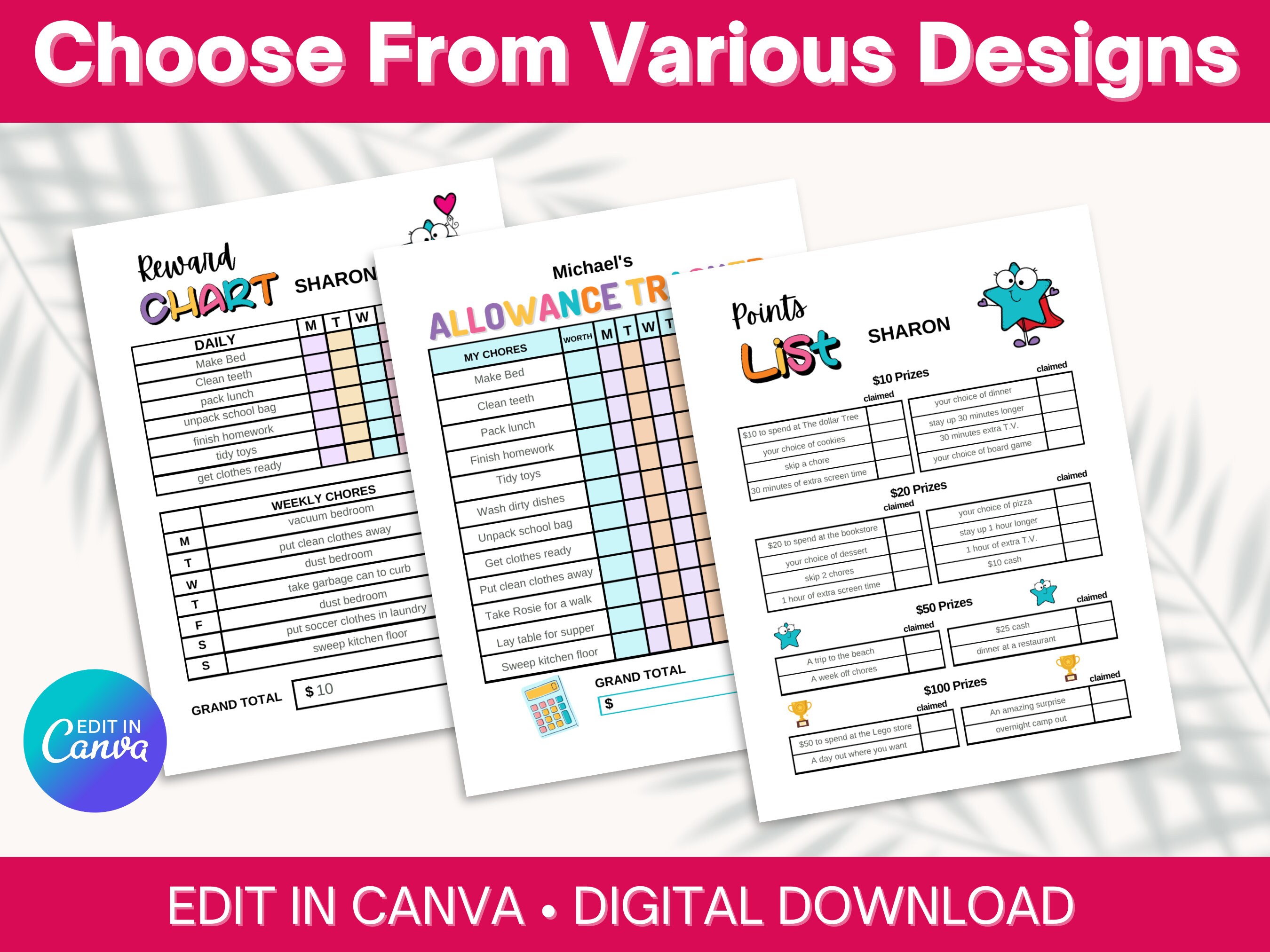 editable-reward-chart-bundle-for-kids-fun-chore-chart-etsy-canada