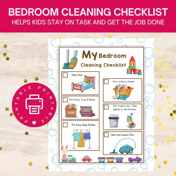 Druckbare Schlafzimmer-Reinigungs-Checkliste für Kinder Reinraum-Checkliste Hausarbeits-Diagramm für Kinder-Routine-Diagramm