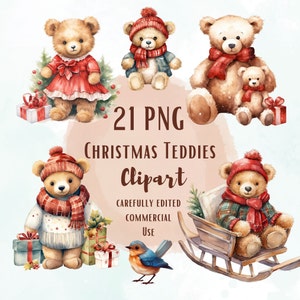 21 Christmas Teddy Bear Winter PNG Clipart - Pacchetto acquerello - Scrapbook, Mestieri di carta, Grafica natalizia festiva, con uso commerciale