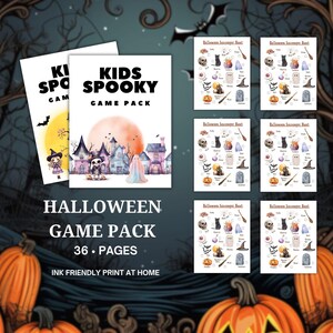 pages from the printable Halloween kids activity book on a Halloween background