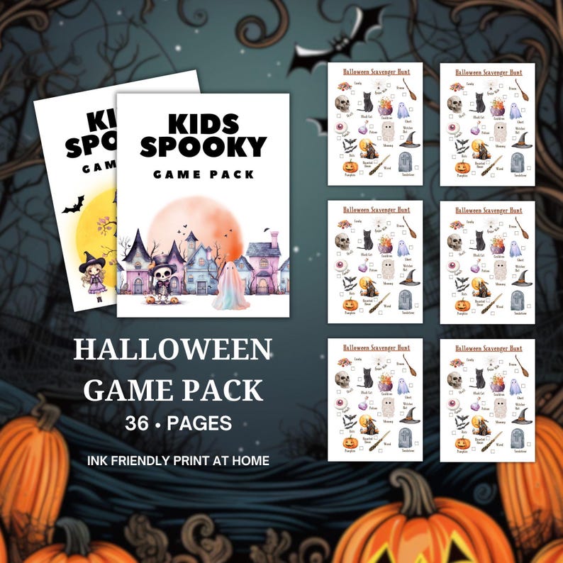 pages from the printable Halloween kids activity book on a Halloween background