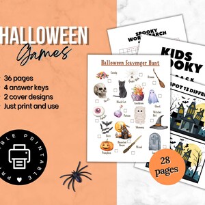 Infographic with details of what is included in the printable Halloween kids activity book