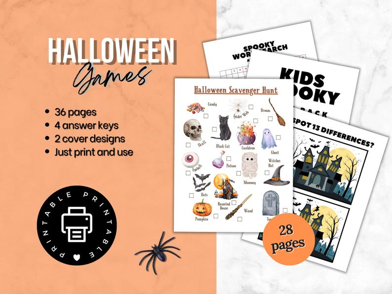 Infographic with details of what is included in the printable Halloween kids activity book