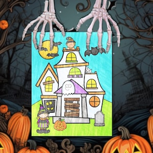 Printable Halloween Kids Activity, Build A Haunted House Coloring Page, Printable Craft, Halloween Coloring Pages, Halloween Party