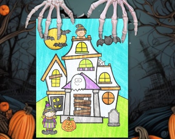 Printable Halloween Kids Activity, Build A Haunted House Coloring Page, Printable Craft, Halloween Coloring Pages, Halloween Party