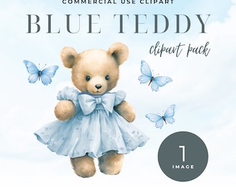 Teddy Bear Png, SINGLE Clipart, Blue Teddy Bear Clipart, Watercolor Teddy Bear Clip Art, Baby Shower Downloadable Clip Art, Commercial Use