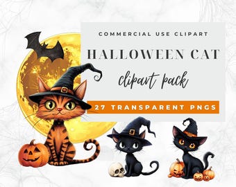 May include: A set of 27 Halloween cat clipart images. The clipart features black cats wearing witch hats and holding pumpkins. The clipart is perfect for adding a spooky touch to your Halloween projects.