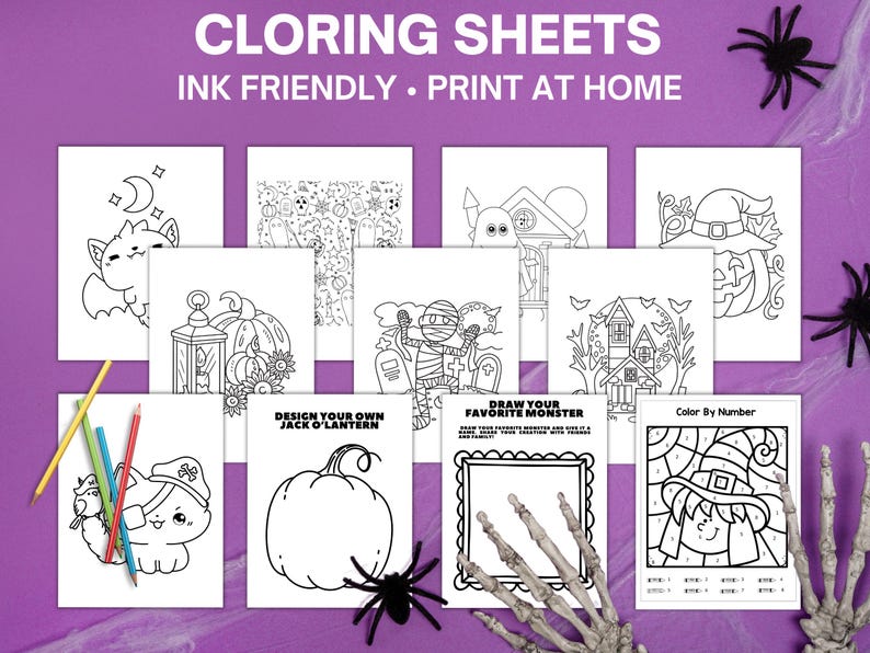 Halloween coloring pages with spiders and skelton hands