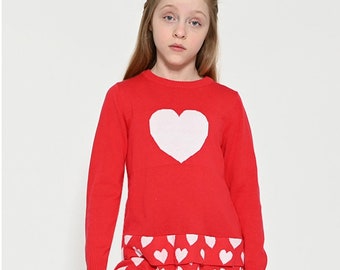 Girls long sleeve red pullover tunic sweater with layered skirt & white heart  INTARSIA