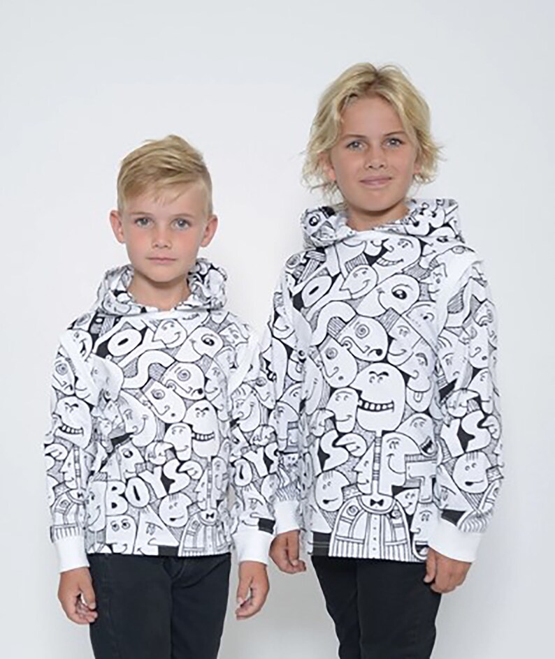 Boys black & white print long sleeve pullover hoodie with wacky face image 2