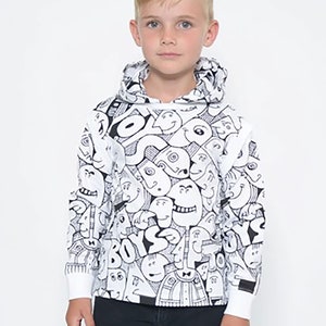 Boys black & white print long sleeve pullover hoodie with wacky face image 1