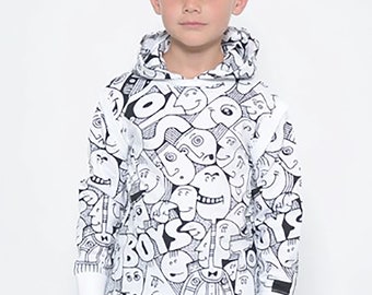 Boys black & white print long sleeve pullover hoodie with wacky face