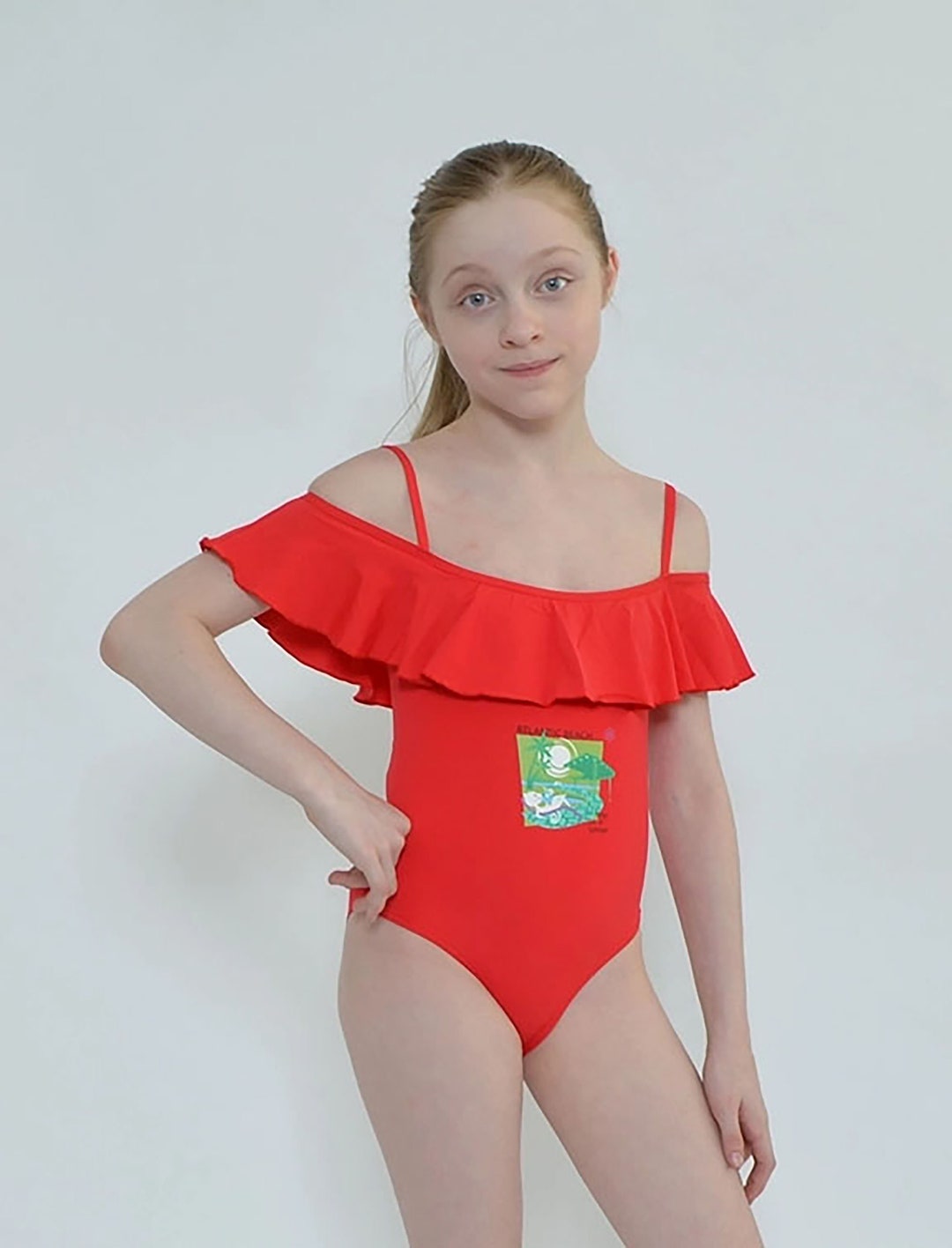 Girls One Piece Red Ruffle Top Swimsuit Etsy
