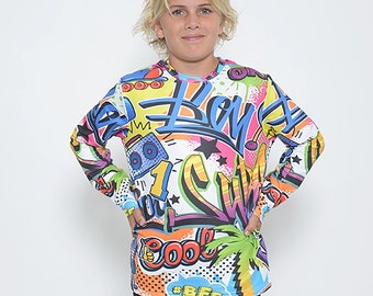 Boys Long sleeve Graffiti letters with cool print (long sleeve sweatshirt). Slight stretch to fabric.