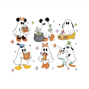 May include: Five cartoon ghosts dressed in Halloween costumes. The ghosts are Mickey Mouse, Minnie Mouse, Donald Duck, Goofy, and Pluto. Each ghost is holding a Halloween-themed item, such as a cauldron, a pumpkin, or a bag of candy.