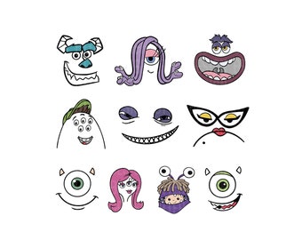 May include: A set of nine cartoon monster faces, including a purple monster with one eye, a green monster with three eyes, a blue monster with two eyes, a purple monster with two eyes, a white monster with a big smile, a purple monster with a big mouth, a white monster with a big smile, a white monster with one eye, and a purple monster with two eyes.