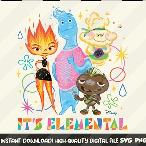 Op de afbeelding: Een digitale illustratie van vier personages uit de Disney-film Elemental. De personages zijn een vuur-, water-, aarde- en lucht element. De personages staan voor een kleurrijke achtergrond met de tekst "IT'S ELEMENTAL" onderaan. Het Disney-logo staat rechtsonder.